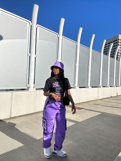 Retro 3s Jordans Outfit, Women Jordan Outfits, Purple Jordan 4 Outfit Women, Dark Purple And Black Outfit, Black And Purple Outfit Streetwear, Jordan 3 Purple Outfit, Sneakerhead Outfits Women, Jordan 3 Iris Outfit, Championship Purple Dunks Outfit