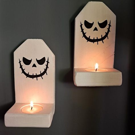 Farmhouse Halloween White Scary Face Wood Tea Light Candle Holders, Set of 2, Wall Mounted, Emergency Candles, Fall Wall Decor These Super Cute yet Scary Tea Light Candle Holders would look great in any room this Halloween Season!  Painted in a Bright White Paint and adorned with a Scary Jack Face, these Wood Candle Holders hold 1 Tea Light Candle. (Included in your Order) Hangers were added to the back for easy use. Spooky Crafts, Crafts 2024, Emergency Candles, Heart Candle Holder, Fall Wood Crafts, Tea Light Candle Holders, Scary Face, Halloween Wood Crafts, Booth Displays