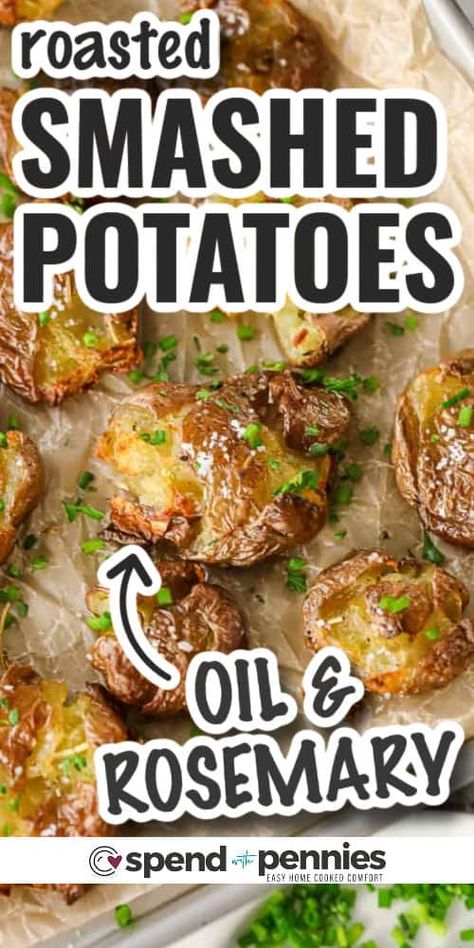 Smashed potatoes in oven are a quick an easy appetizer or side. Do the prep work the night before to really speed things up! Boil, smash, and brush the baby potatoes with a rosemary olive oil mixture and set in the fridge. Then pop in the oven when ready to enjoy! #spendwithpennies #rosemarysmashedpotatoes #sidedish #potatoes #kidfriendly Golden Smashed Potatoes, Smashed Potatoes In Oven, Crispy Baked Chicken Legs, Roasted Smashed Potatoes, Boiled Baby Potatoes, Rosemary Olive Oil, Smashed Potatoes Recipe, Crispy Smashed Potatoes, Potatoes In Oven