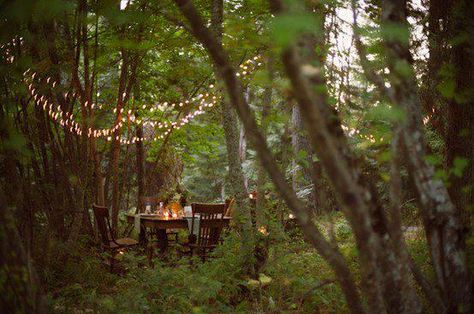 forest dining ~ love it! Rustic Woodland Wedding, Woodland Wedding Inspiration, Forest Party, Woodsy Wedding, Woodland Wedding, Enchanted Forest, Over It, In The Woods, String Lights