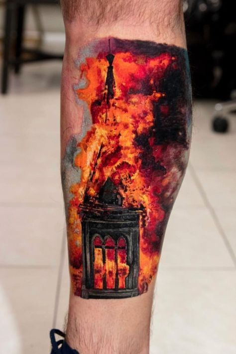 Structure Fire Color Realism Tattoo by First Class Tattoo - NYC Color Realism Tattoo, Full Leg Sleeve, Space Tattoo Sleeve, Realistic Eye Tattoo, Colored Tattoo Design, Filigree Tattoo, Fire Color, Elements Tattoo, Wicked Tattoos