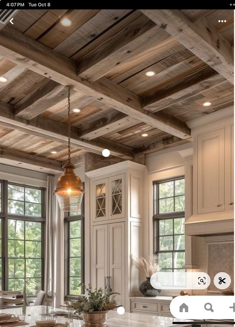 Barnwood Beams Ceiling, Barnwood Ceiling Kitchen, Dark Stain Tongue And Groove Ceiling, Diy Ceiling Ideas, Wood Plank Tray Ceiling, Wood Ceiling Ideas, Wood Planking Ceiling, Barn Wood Ceiling, Tongue And Groove Ceiling