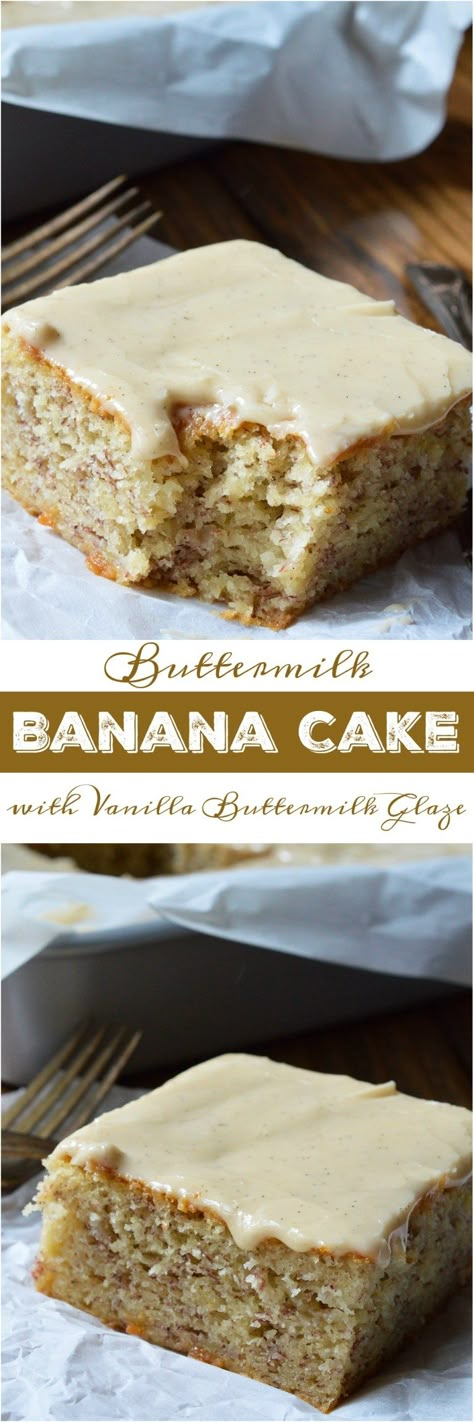 Do you have a few brown overripe bananas hanging out on your counter? If so, this Buttermilk Banana Cake Recipe with Vanilla Buttermilk Glaze must happen! This cake has the great flavor of banana bread with the perfect moist, cakey consistency. The Vanilla Buttermilk Glaze makes this cake the ultimate indulgent dessert! Buttermilk Desserts, Recipes Using Buttermilk, Easy Banana Cake Recipe, Easy Banana Cake, Buttermilk Glaze, Dessert Ad, Buttermilk Banana Bread, Banana Bread Cake, Buttermilk Recipes