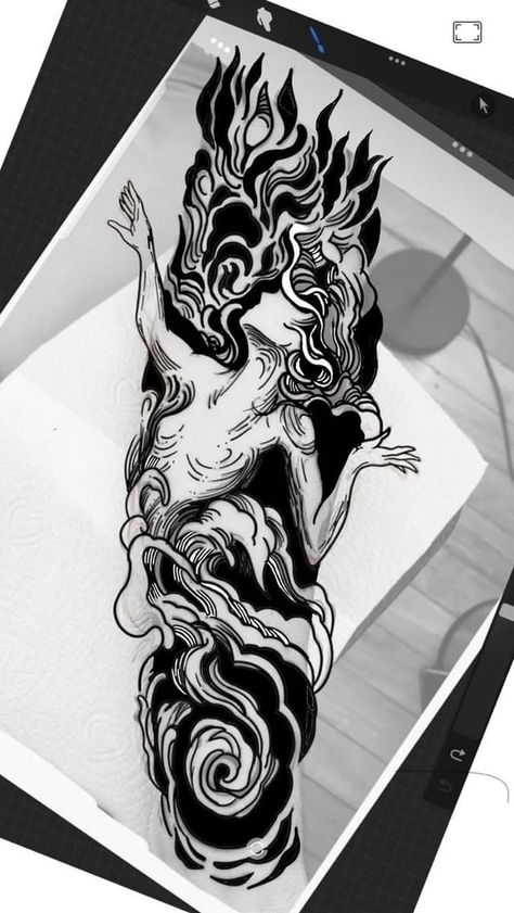 Suminagashi Tattoo Design, Black Work Sleeve Tattoo, Blackwork Tattoo Design, Forearm Band Tattoos, Blackout Tattoo, Full Arm Tattoos, Creepy Tattoos, Leg Sleeve Tattoo, Japanese Sleeve Tattoos