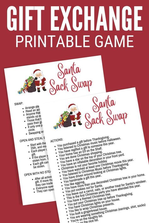 Rev up your holiday spirit with the Printable Santa Sack Swap Christmas Gift Exchange Game! Ideal for groups of 10 or more, this festive game adds a sprinkle of Santa's magic to your celebrations. Comes with easy-to-follow printable instructions, making setup a breeze. Ready to transform your festive gatherings into a whirlwind of laughter and joy? Dive right into this delightful tradition-in-the-making! Santa Toss Exchange Game, Christmas Exchange Games For Adults, Yankee Swap Game Ideas, Christmas Gift Exchange Games For Work, Christmas Gift Swapping Games, Santa’s Grab Bag Game, Secret Santa Game Ideas, Sock Exchange Game, Christmas Gift Exchange Games For Adults