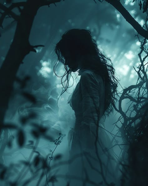 Be careful in the woods at night, there's a banshee on the prowl. 👻⁠ ⁠ ⁠ ⁠a ghostly woman in white, standing amidst foggy woods at night. She has long hair and is wearing an old dress with tattered layers that billow around her a she floats above the ground. Her face seems to be made of mist or shadows and her mouth is too large as she screams. The background features gnarled trees and dark foliage, adding depth. A faint light from behind illuminated part of her body. --ar 4:5 --s 550 --v 6.0... Female Ghost Aesthetic, Eyes In The Forest, Outside Looking In, Landscapes With People, Dark Silhouette Aesthetic, Dark Dream Aesthetic, Shadow Woman Art, Dark Ghost Aesthetic, The Witch Into The Woods