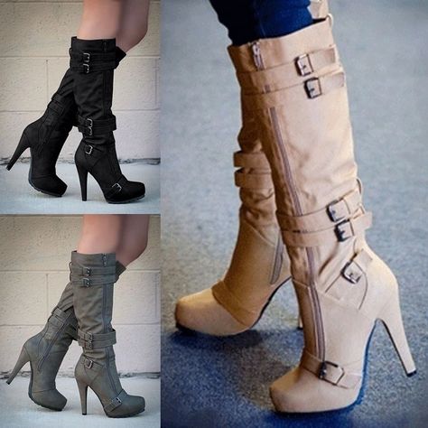 Chic High Heels, Fabric Boots, Boot Straps, Womens Stilettos, Super High Heels, Buckle Boots, Leather Boots Women, Boots Knee, Boots Women