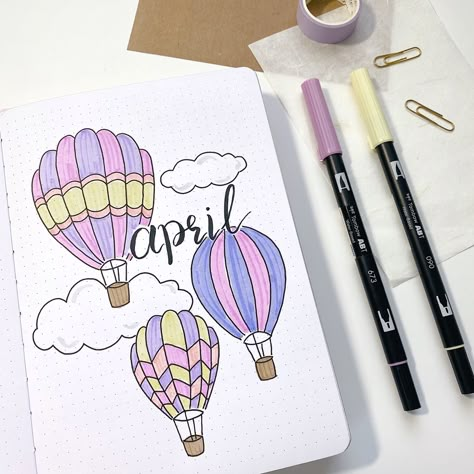 April Title Page, Butterfly Bujo Theme, April Journal, Hot Air Balloon Theme, Journal Spread Ideas, Balloon Theme, Bullet Journal Setup, Bullet Journal Aesthetic, Bullet Journal Diy