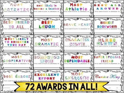 Class Awards Ideas, Superlatives Awards, Class Superlatives, Kindergarten Awards, Candy Awards, Funny Awards Certificates, Classroom Awards Certificates, Awards For Students, Candy Bar Awards