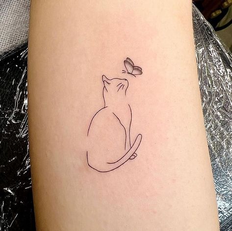 Cat Tattoo With Name, Personal Cat Tattoo, Meaningful Cat Tattoos, Cat With Butterfly Tattoo, Passed Cat Tattoo, Cat Tatoos Idea, Tabby Cat Tattoo Simple, Memorial Cat Tattoos, Cat And Butterfly Tattoo