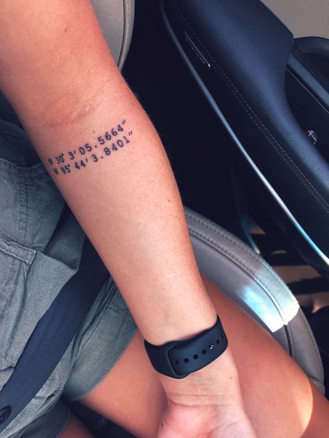 coordinate tattoo forearm Coordinates Tattoo Inner Bicep, Tatts Men, Coordinates Tattoo Placement Men, Forearm Coordinate Tattoo, Tattoos Of Coordinates, Location Coordinates Tattoo, Minimalist Tattoo Meaning, Coordinates Tattoo, Tattoo Forearm