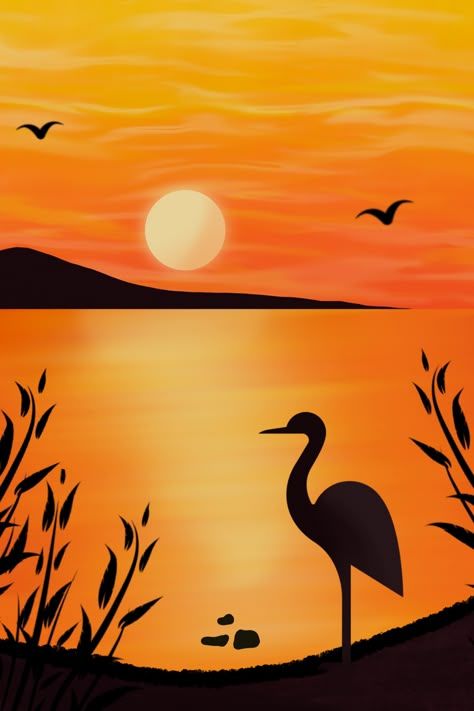 Sunset Scenery Painting Easy, How To Paint Birds Acrylics, Sunrise Scenery Drawing, Sunset Silhouette Painting, Sunset Scenery Drawing, Sunset Painting Acrylic Silhouette, Draw Procreate, Procreate Artwork, Drawing Space