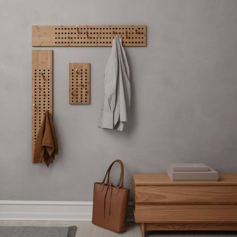 Danish Interior, Modern Coat Rack, Moso Bamboo, Closet Renovation, Wooden Coat Rack, Bamboo Design, Coat Rack Wall, Wooden Hangers, Peg Board