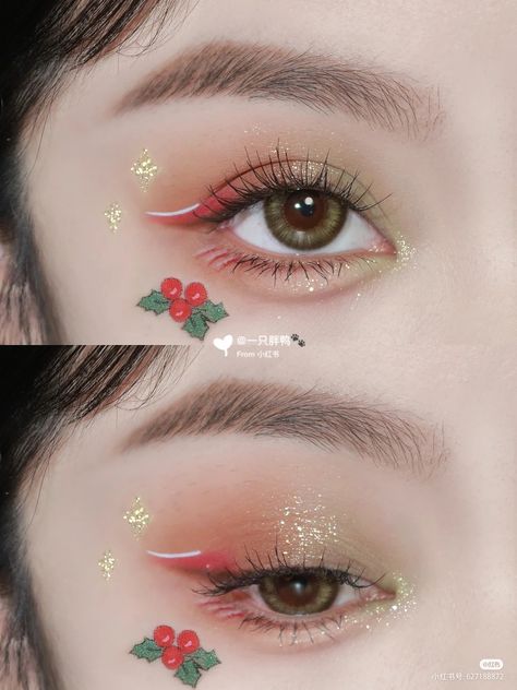 Christmas Makeup Looks Asian, Christmas Eyeliner Ideas, Christmas Makeup Looks Simple, Christmas Eyeliner, Creative Christmas Makeup, Simple Christmas Makeup, Eyeliner Creative, Makeup Looks Christmas, Makeup Ideas Christmas