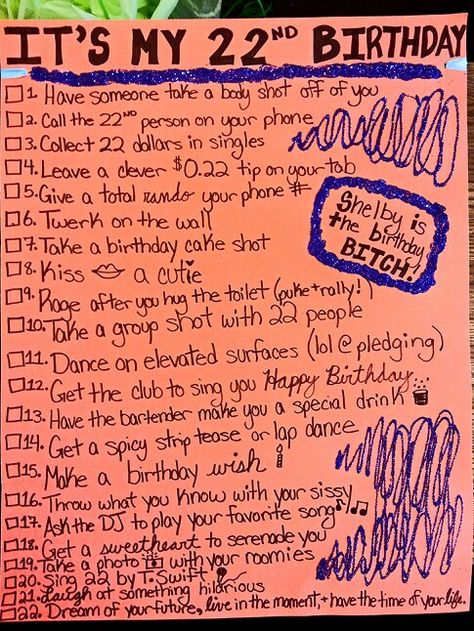 22nd birthday checklist for my baby! Wear it out to the bar and check everything off ad you do it. So fun. 27 Things For 27th Birthday, What To Do For Your 22nd Birthday, Ideas For 22nd Birthday Parties, 22 Things To Do On Your 22nd Birthday, 23 Rd Birthday Ideas, 22nd Birthday Celebration Ideas, 21 Birthday Checklist, Things To Do For 22nd Birthday, What To Do For 22nd Birthday