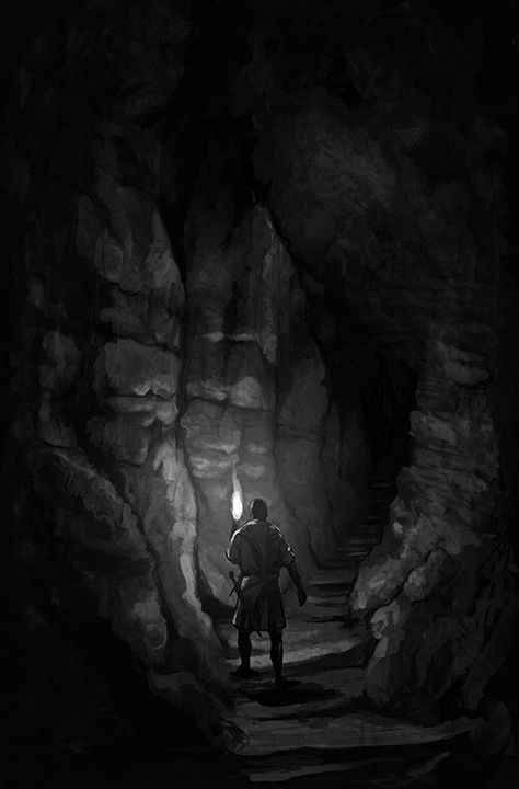 Cave World Fantasy Art, Dark Cave Illustration, Creepy Cave Art, Fantasy Cave Creatures, Underground Caves Fantasy Art, Mountain Cave Aesthetic, Dark Cave Fantasy Art, Fantasy Underground Ruins, Inside Cave Drawing