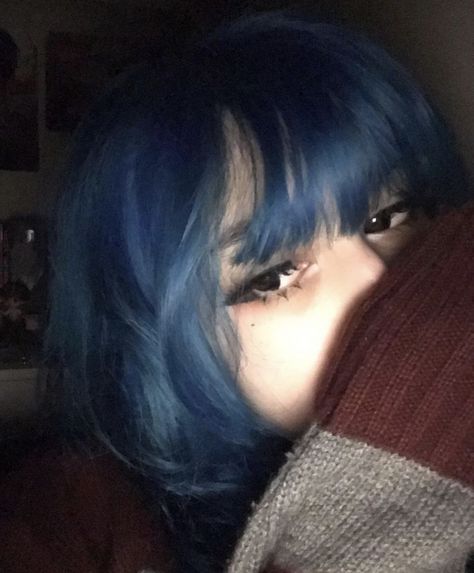 Blue Wolfcut Hair, Dark Blue Hair Styles, Blue Hair With Red Tips, Blue Dye On Brown Hair, Blue Hair Medium Length, Dark Blue Hair With Bangs, Dark Blue Hair Short, Short Blue Hair Aesthetic, Blue With Black Hair