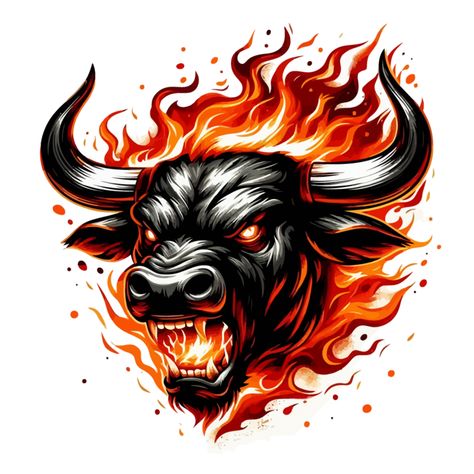 Bull Head Logo, Biker Logo Design, Bull Face, Angry Smiley, Angry Bull, Fire Vector, Digital Decorations, On Black Canvas, Mascot Logos