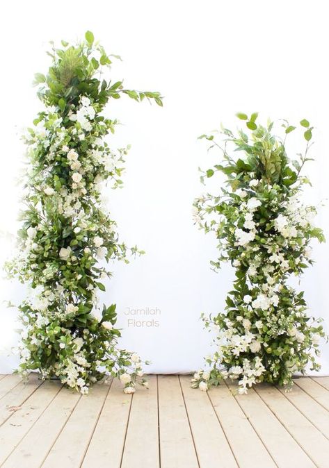 Green And White Ceremony Arch, Wedding Arch Foliage, Arc Of Flowers Wedding, Green And White Aisle Flowers, White Floral Pillars, Deconstructed Arch Wedding, Entrance Arch Wedding, Open Arch Wedding, Floral Arches Wedding