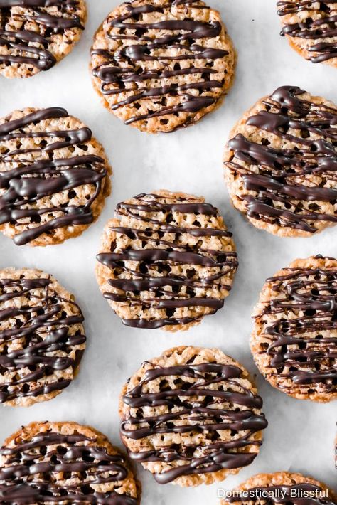 Florentine Lace Cookies - Domestically Blissful Chocolate Dipped Lace Cookies, Lace Cookies Recipe, Oatmeal Lace Cookies, Domestically Blissful, Florentine Cookies, Cookie Glaze, Vegetarian Recipes Dessert, Lace Cookies, Easy Oatmeal