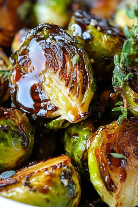 Deliciously crispy Brussels sprouts drizzled with balsamic glaze. This dish is a perfect healthy vegetable side for festive meals or any day dinner, adding flavor and elegance to your table. Vegetable Glaze Recipes, Tender Brussel Sprout Recipes, Roasted Brussels Sprouts And Pears Recipe, Roasting Brussel Sprouts In Oven, Balsamic Glaze For Brussel Sprouts, Pressure Cooker Brussel Sprouts, Best Baked Brussel Sprout Recipe, Crispy Brussel Sprouts Balsamic, How To Make Crispy Brussel Sprouts