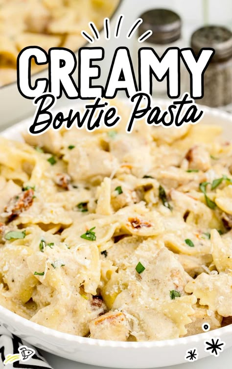 close up shot of Creamy Bowtie Pasta on a plate Bowtie Pasta Cream Sauce, Bow Tie Festival Recipe, Rotisserie Chicken Bowtie Pasta, Creamy Bowtie Pasta Recipes, Bowtie Chicken Alfredo, Bow Pasta Recipes, Creamy Bowtie Pasta, Bow Tie Pasta Recipes, Bowtie Pasta Recipes