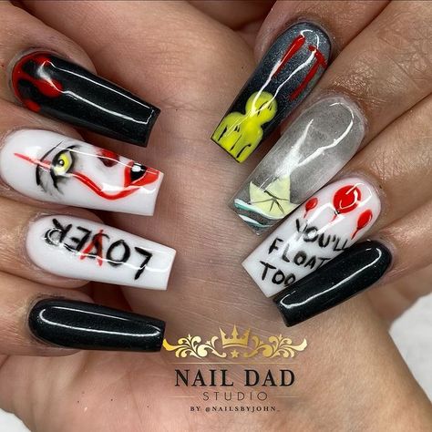 Thuc Nguyen en Instagram: ““IT” nails ✅. Always gotta get at least one set per season 😁 . . . . . . . . #nails #nailsofinstagram #nailsonfleek #acrylicnails…” Michael Myers Nails, Halloween Themed Nails, It Nails, Season Nails, Themed Nails, Fantasy Nails, Inspired Nails, Hair Shows, Nails 2024