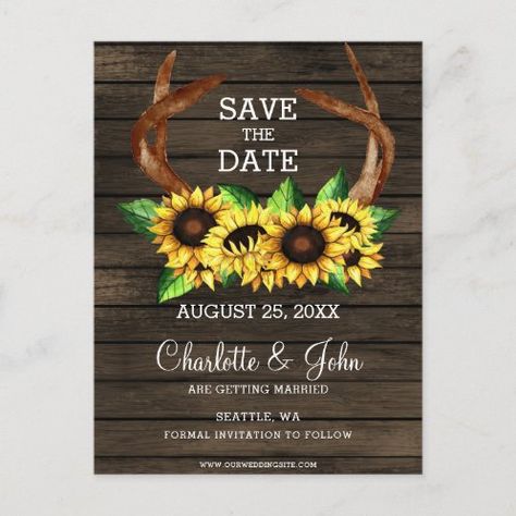 Rustic Barn Wood Sunflowers Antlers Wedding Invitation | Zazzle.com Country Save The Date, Deer Wedding Invitations, Country Chic Wedding Invitations, Chic Save The Date, Antler Wedding Invitations, Blooming Sunflower, Deer Wedding, Antler Wedding, Wood Wedding Invitations