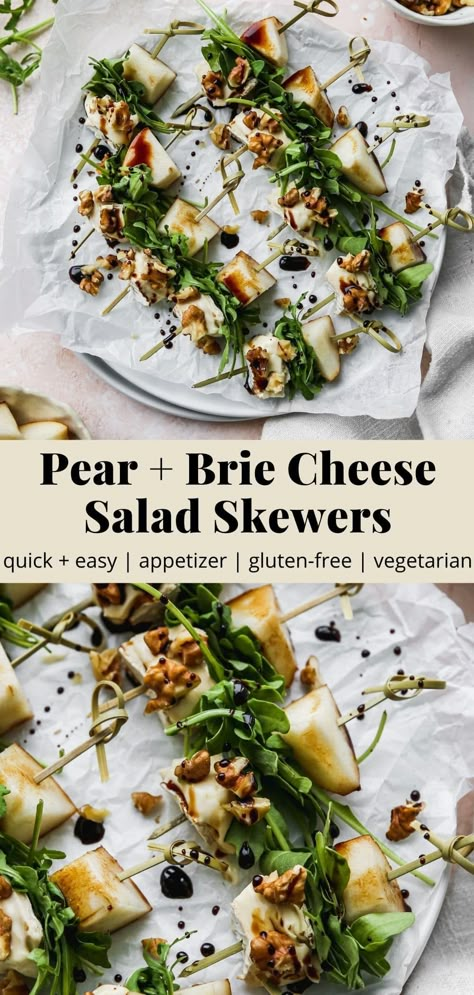 Pear & Brie Cheese Salad Skewers (Appetizer) | Walder Wellness, RD Pear And Brie, Brie Salad, Pear Brie, Salad Skewers, Sommer Mad, Skewer Appetizers, Brie Cheese, Charcuterie Recipes, Cheese Salad