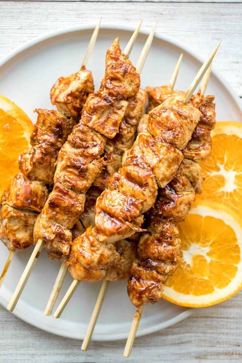 Grilled Orange Chicken Skewers Grilled Orange Chicken, Inauguration Party, Marinating Chicken Breast, Easy Summer Dinners, Outdoor Grilling, Takeout Food, Chicken Entrees, Recipes Book, Grill Recipes