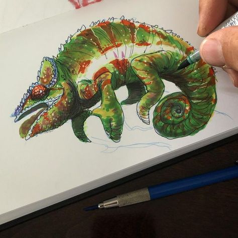 Adam Munoa on Instagram: "Quick chameleon warmup study to start the day off... #chameleon #lizard #reptile #warmupsketch #study #ink #natureart #copicart #copic #copicmarkers #markersketch #sketch #drawing #doodle #sketchbook #illustration" Salamander Sketch, Chameleon Skeleton Drawing, Chameleon Sketch, Chameleon Watercolor Paintings, Chameleon Markers Art, Copic Art, Sketch Markers, Marker Drawing, Start The Day