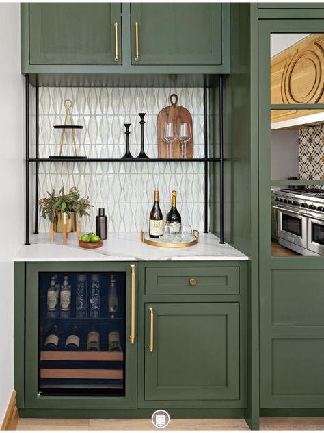 Green Dry Bar, Green Coffee Bar Cabinet, Green Cabinets Bar, Closet Dry Bar Ideas, Wet Bar With Wallpaper, Dining Room Cabinets Built In Buffet With Wine Fridge, Tiny Home Bar, Bar Built Into Wall, Green Bar Cabinets