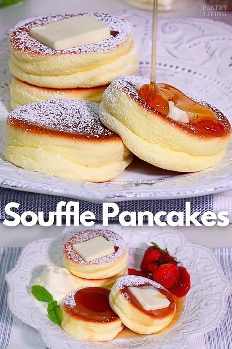 The ultimate guide to making fluffy Japanese souffle pancakes at home successfully. I'm sharing clear instructions with troubleshooting tips! Fluffy Moist Pancakes, Cloud Like Lemon Soufflé Pancakes, Japanese Style Pancakes, New Breakfast Recipes, Shrove Tuesday Pancake Supper, Breakfast Ideas With Pancakes, Egg Pancakes Recipe, How To Make Fluffy Pancakes, Steamed Pancakes