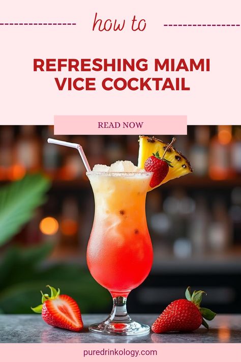 Get ready for a tropical escape with the Miami Vice cocktail, a colorful drink packed with the irresistible flavors of rum, sweet pineapple, and creamy coconut. Hailing from Miami, Florida, its vibrant blend is a true homage to the sun-soaked beaches and lively nightlife of the '80s. Make this visually stunning cocktail for your next gathering or special occasion, and take your taste buds on an exotic journey! Easy to mix, this delightful fusion of flavors is guaranteed to spice up any party. Don't miss out on this popular beach-themed drink! Miami Vice Drink Recipe, 80s Cocktails, Miami Vice Drink, Cuba Libre Cocktail, Frozen Pina Colada, Frozen Daiquiri, Iced Tea Cocktails, Mango Mojito, Rum Cocktail Recipes