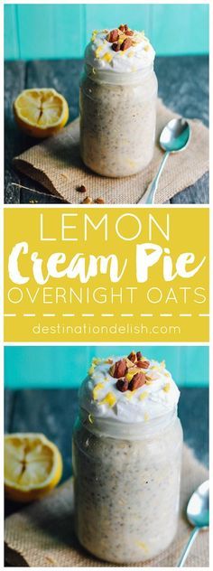 Lemon Cream Pie Overnight Oats | Destination Delish – Oats, chia seeds, lemon zest, and maple syrup are soaked in almond milk for a healthy breakfast inspired by a lovely lemon dessert Lemon Cream Pie, Lemon Cream Pies, Oat Recipes Healthy, Overnight Oats Recipe Healthy, Lemon Dessert, Overnight Oat, Overnight Oats Healthy, Overnight Oatmeal, Oatmeal Breakfast