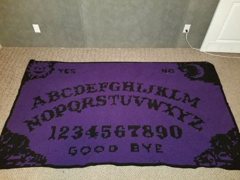 It is finished! It took 4 months to complete, all tapestry single crochet with a custom pattern I made. Crochet Ouija Board, Dark Crochet Aesthetic, Crochet Tarot, Dark Crochet, Gothic Crafts, Crochet Aesthetic, Crochet Pillow Pattern, It Is Finished, Tapestry Crochet Patterns