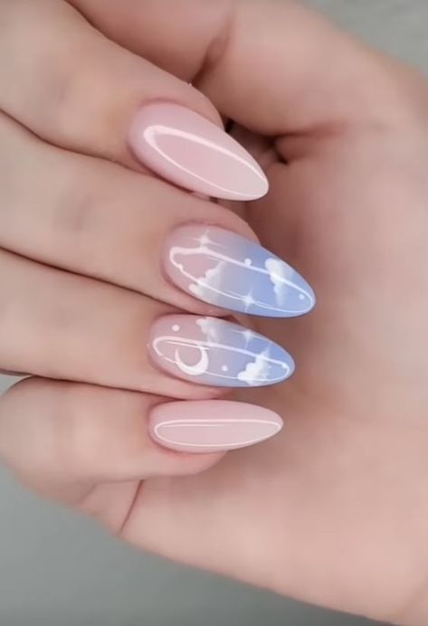 25 Dreamy Cloud Nails To Get For Your Next Mani! Short Nail Designs Almond Shape Summer, Round Nail Designs Short, Simple Moon Nails, Aurora Nails Design, Cloud Nails, Cute Simple Nails, Gel Nails Diy, Kawaii Nails, Short Acrylic Nails Designs