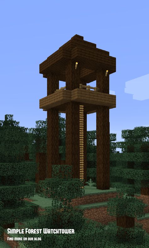 An easy minecraft watch tower design for forests of all types and sizes. This minecraft building idea is fast and simple to make. Rumah Minecraft Simple Kayu, Guard Tower Minecraft, Minecraft Tower Simple, Minecraft Tower Ideas Easy, Lookout Tower Minecraft, Minecraft Watchtower Simple, Watch Tower Design, Minecraft Lookout Tower, Minecraft Watch Tower