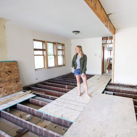 Renovation progress in our finn fixer upper Building A Wooden House, White Oak Hardwood Floors, Large Laundry Rooms, Renovation Budget, Diy Playbook, Oak Hardwood Flooring, Farmhouse Barndominium, Shaker Doors, Steel Beams