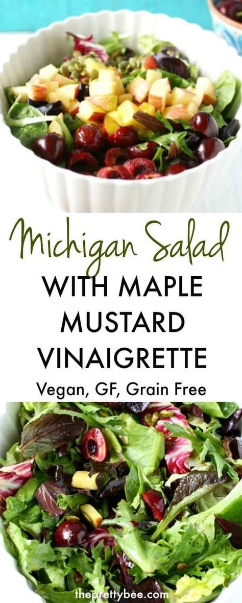 This Michigan salad with tangy maple mustard vinaigrette is a delicious dish to serve at any party! #vegan #glutenfree #dairyfree #nutfree #grainfree Michigan Salad, Mustard Vinaigrette Dressing, Maple Mustard Vinaigrette, Pumpkin Seed Salad, Recipes Korean, Gluten Free Recipes Side Dishes, Michigan Food, Summertime Salads, Mustard Vinaigrette