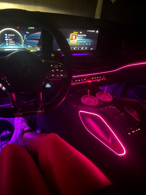 Late night drive to McDonald’s in amg Mercedes Purple Drink Recipe, Dodge Charger Interior, Drive Mercedes, Pink Car Interior, Hot Pink Cars, Purple Drink, Pink Led Lights, Matte Black Cars, Audi Interior