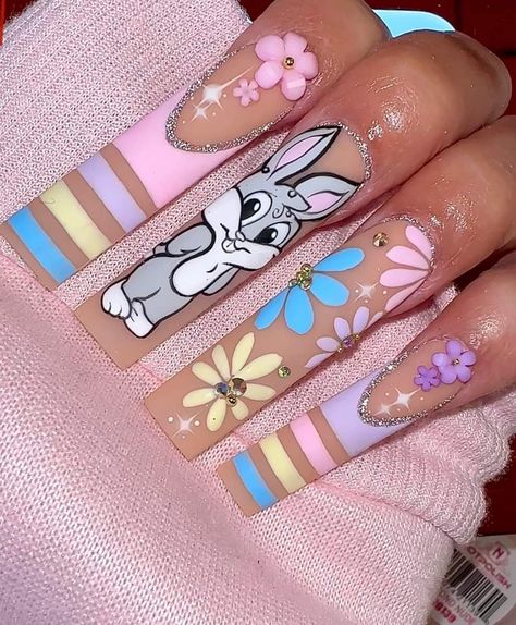 Different Nail Designs On Each Hand, Eeyore Nail Art, Animation Nail Art, Nail Designs Baddie, 90s Cartoon Nails Acrylic, Animation Nails, Shower Nails, Acrylic Nail Designs Classy, Cartoon Nail Designs