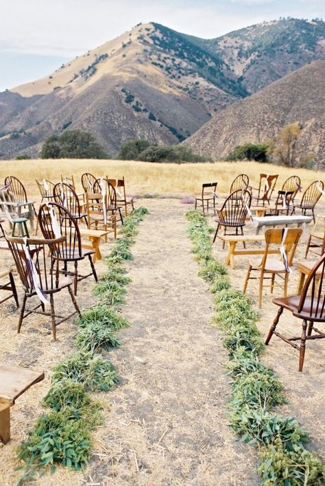 it's a simple wedding venue but the decorations made it special and so earthly. lovely mountain wedding decor Rustic Mountain Wedding, Wedding Ceremony Ideas, Earthy Wedding, Wedding Ceremony Photos, Wooden Chairs, Wedding Aisle Decorations, Farmhouse Wedding, Ceremony Inspiration, Aisle Decor