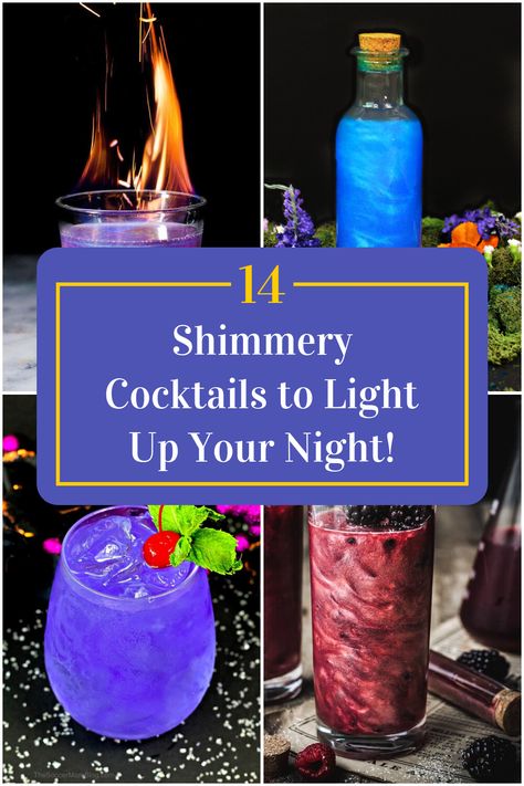 Collage of 4 shimmery cocktails. Halloween Glitter Cocktails, Edible Glitter Drinks Halloween, Glitter Cocktails Recipes, Girls Night Cocktail Recipes, Acotar Themed Drinks, Special Drinks Alcohol, Cocktails With Glitter, Themed Drinks For Girls Night, Drinks With Edible Glitter