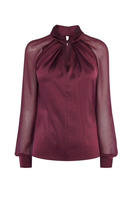 Dark red blouse with contrast sheer, long sleeves with wide cuffs. It features cut out and neck tie detail. Blouse Knot, Dark Red Blouse, Dandy Look, Cutout Tops, Knot Blouse, Sheer Long Sleeve Top, Cutout Blouse, Cutout Top, Blouse Purple