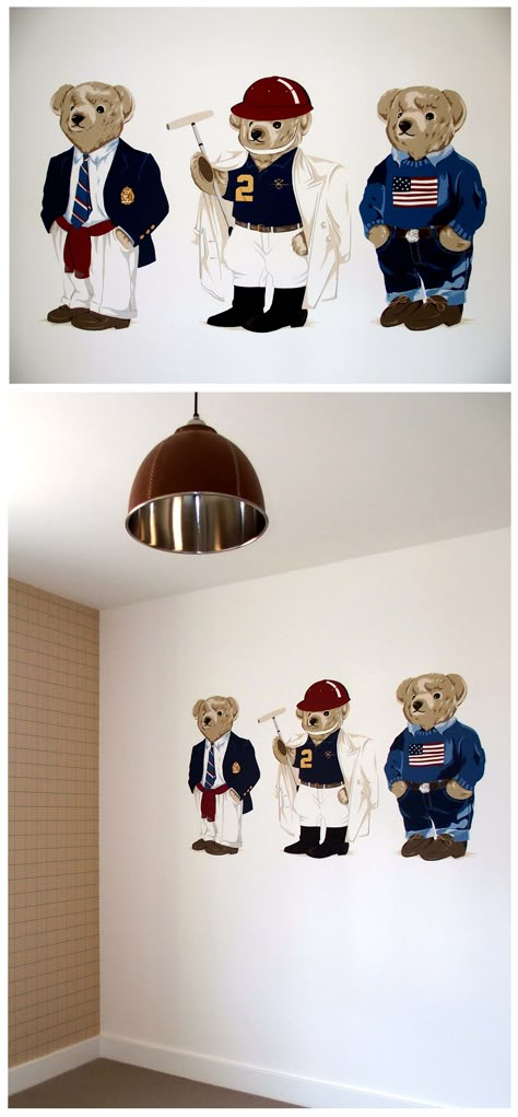 Ralph Lauren teddy bears hand painted mural for a toddlers bedroom by Carren Lu at www.artistic-touch.co.uk Polo Ralph Lauren Nursery, Ralph Lauren Baby Boy Nursery, Ralph Lauren Toddler Room, Ralph Lauren Baby Nursery, Ralph Lauren Aesthetic Bedroom, Ralph Lauren Kids Room, Ralph Lauren Boy Nursery, Ralph Lauren Inspired Nursery, Ralph Lauren Baby Room