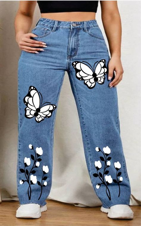 Aya Nakamura, Cute Ripped Jeans, Jeans Design, Painted Clothing, Hand Painted Clothing, T Shirt Painting, Painted Jeans, Painted Clothes, Printed Denim