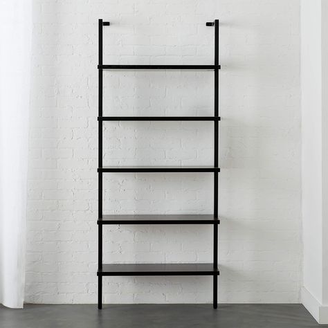 Stairway Black Wall-Mounted Bookcase - 72.5" Height + Reviews | CB2 Stores Interior Design, Wall Mounted Bookcase, Minimalist Bookcase, Black Wall Shelves, Comfy Things, Shop Shelving, Walnut Bookcase, Wall Mounted Bookshelves, Modern Wall Shelf