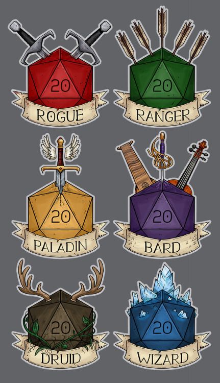 Did someone say new sticker designs…? ;) I thought some simple d20 class designs wouldn’t be such a bad idea, and here are the first six. I will be doing other classes, like monk, cleric, barbarian etc, at some point in the near future, no... Dungeons And Dragons Dice Art, Dungeons And Dragons Color Palette, Dungeons And Dragons Crafts, Dungeons And Dragons Diy, Dungeons And Dragons Memes, Dungeons And Dragons Art, Games Ideas, Sticker Designs, Dnd Art