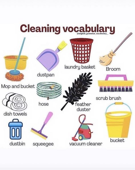 Instagram post by Iryna’s English Page • Jun 27, 2022 at 5:01am UTC Cleaning Vocabulary, Basic English Grammar Book, Struktur Teks, English Grammar Book, English Language Learning Grammar, Learning English For Kids, English Learning Spoken, English Vocab, Cleaning Items